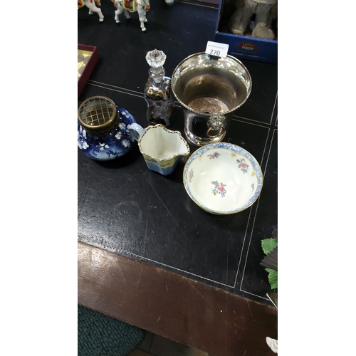 270 - Mixed lot includes a silver-plated ice bucket, hand-painted porcelain bowl, floral ceramic vase, cob... 