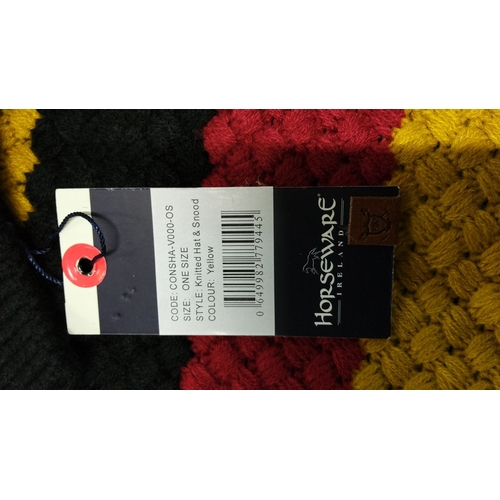 29 - Knitted hat and snood set in bold yellow, red, and black feature a textured knit design and branded ... 