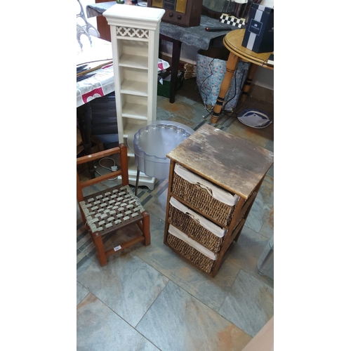 290 - Mixed lot includes a vintage wooden storage unit with wicker drawers, a tall painted display shelf, ... 