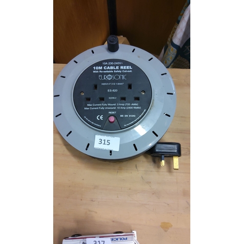 315 - Eurosonic 10M Cable Reel, ES-820. Features resettable safety cut-out, dual sockets