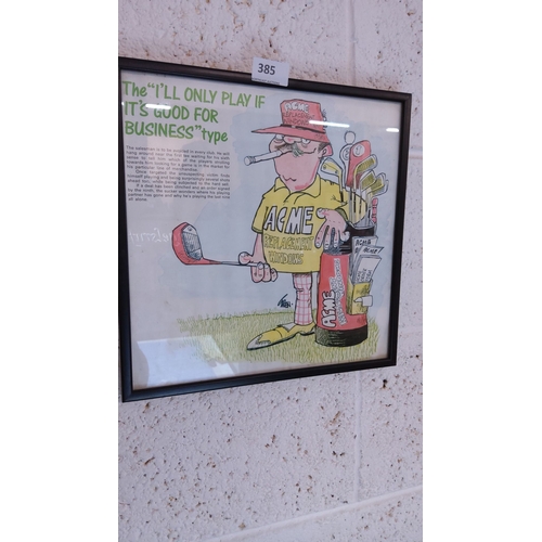 385 - Framed humorous golf-themed cartoon print features witty text and a caricatured businessman golfer i... 