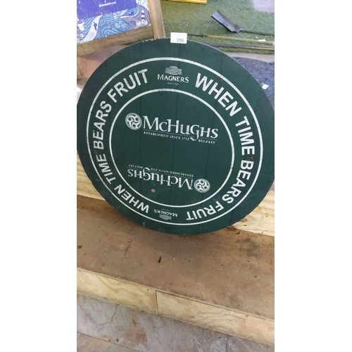 396 - Vintage Magners Irish Cider wooden pub sign, circular with McHughs Belfast branding.