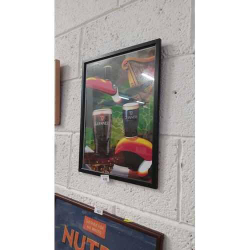 408 - Framed Guinness advertising print features iconic toucans and pint glasses.