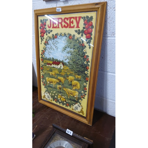 418 - Framed vintage Jersey agricultural print by artist Gene Hayek features a pastoral scene with cows, f... 