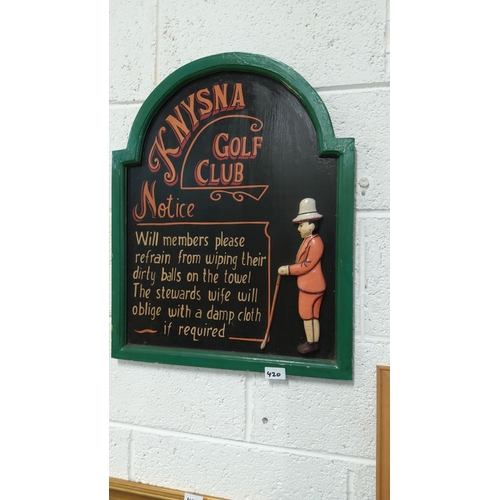 420 - Hand-painted wooden golf club sign features a relief figure and vintage-style lettering with a green... 