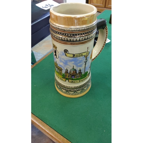 436 - Vintage German beer stein featuring colorful Berlin landmarks. Ceramic body with decorative relief a... 