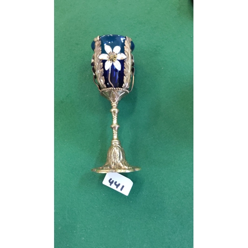 441 - Antique gilt metal and cobalt blue glass goblet, featuring ornate floral enamel detailing and decora... 