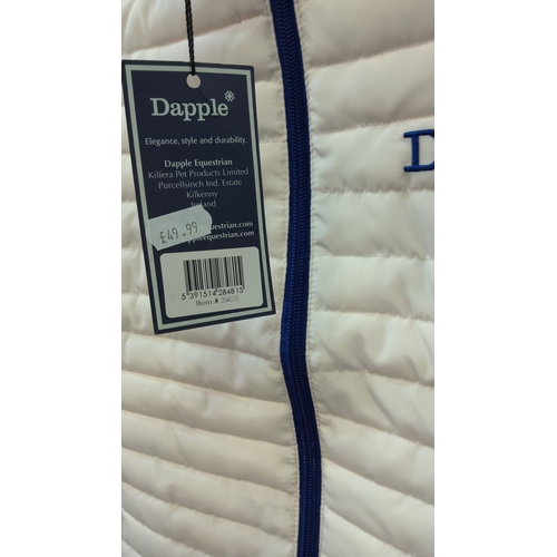 447 - Dapple Equestrian padded vest in white with blue trim. It features a zip-front closure and embroider... 