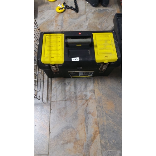 473 - Stanley heavy-duty plastic toolbox with metal clasps and built-in organizers. Sturdy construction. F... 