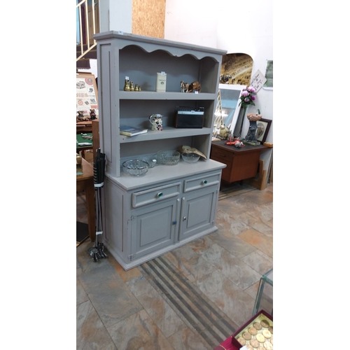 64 - Vintage wooden dresser,hand-painted in a muted gray tone. Features two shelves, two drawers, and a l... 