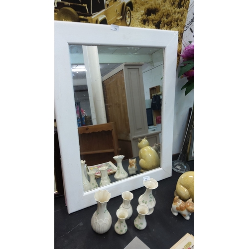 76 - Vintage rectangular wall mirror with a distressed white wooden frame.

Collection of Belleek-style p... 