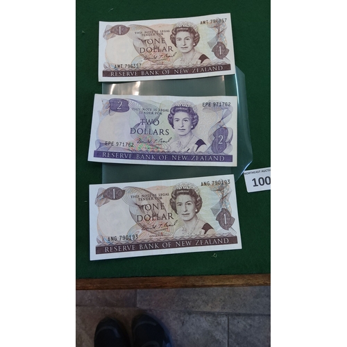 100 - Set of three vintage New Zealand banknotes, including two $1 and one $2 note, featuring Queen Elizab... 