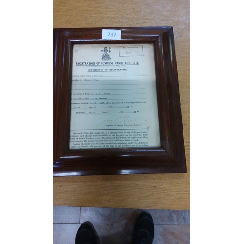 237 - Framed 1948 business registration certificate under the Registration of Business Names Act, 1916, in... 