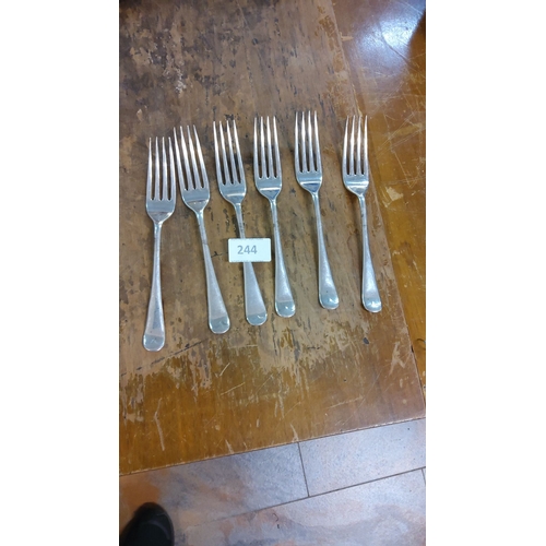 244 - Set of six hallmarked solid silver forks, featuring traditional design. Stamped with maker’s marks a... 