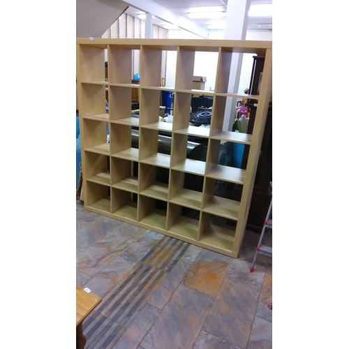 280 - Large contemporary wooden cube shelving unit with 25 open compartments, finished in a light wood ven... 