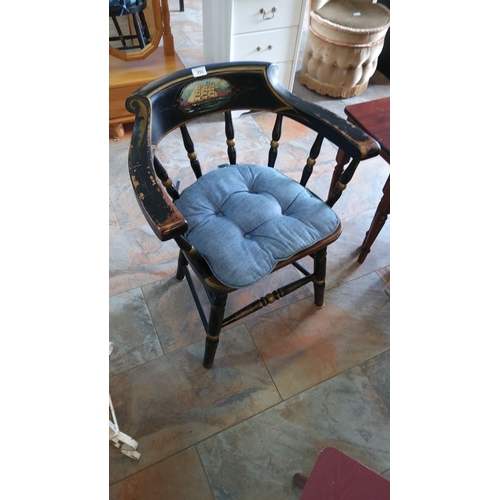 291 - Vintage hand-painted captain's chair features a nautical ship motif, black lacquer finish with gold ... 