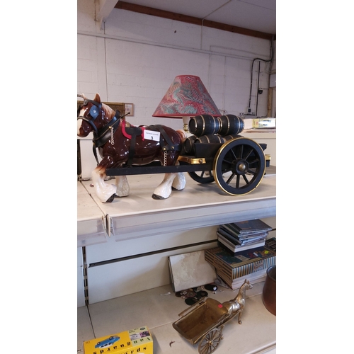 3 - Ceramic horse and cart,featuring a glossy Clydesdale figurine with miniature barrels.