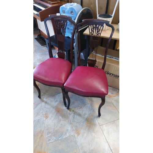 308 - Pair of vintage mahogany dining chairs with decorative pierced splat backs and cabriole legs, uphols... 