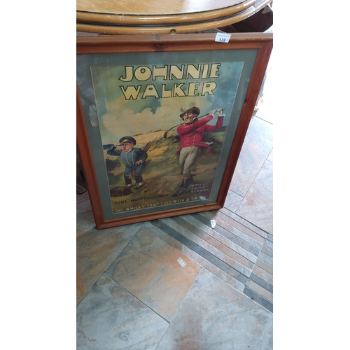 328 - Framed vintage Johnnie Walker advertising print, featuring a whimsical golfing scene with vibrant co... 