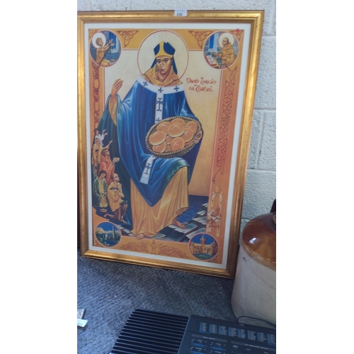 330 - Framed religious icon print of Saint Laurence O Toole, featuring vibrant colors and Celtic-inspired ... 