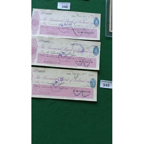 349 - 1920 Provincial Bank of Ireland Cheques. Trio of vintage issued bank cheques from Birr Co Offaly wit... 