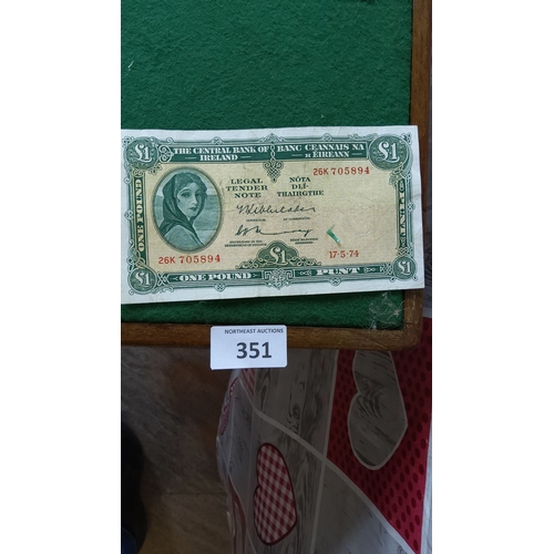 351 - 1974 Irish £1 banknote, Central Bank of Ireland. Features Lady Hazel Lavery design, serial number 26... 