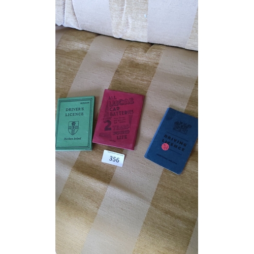 356 - Vintage Northern Ireland driving licences and Lucas car battery booklet. A set of automotive documen... 