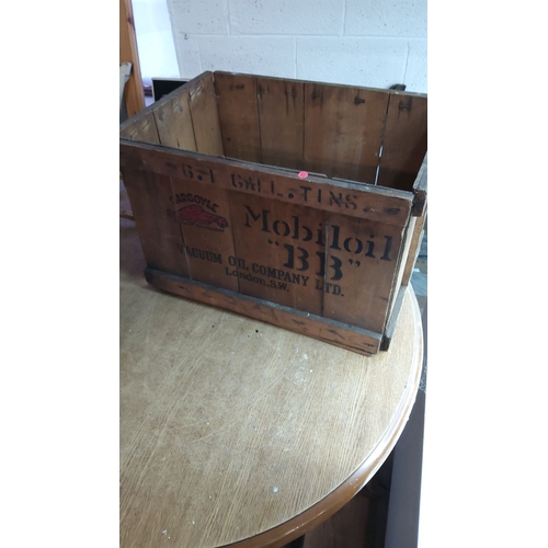 361 - Early 20th-century Mobil Oil wooden crate, featuring bold stenciled lettering and Gargoyle logo. Stu... 