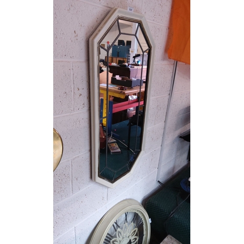 368 - Vintage octagonal wall mirror with beveled and leaded glass panels. Cream-painted wooden frame with ... 