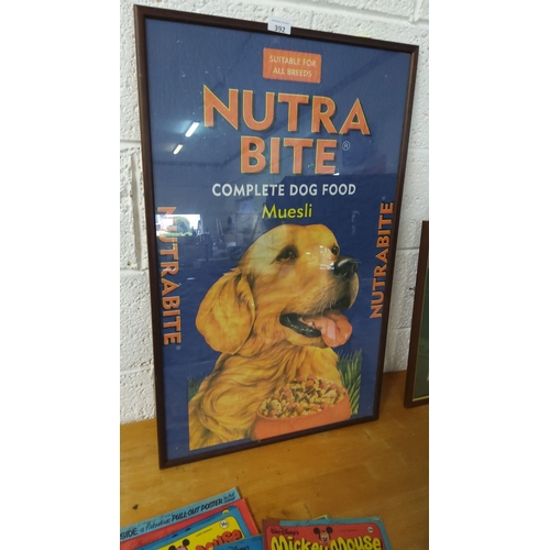 392 - Framed vintage Nutra Bite dog food advertising poster print featuring a golden retriever illustratio... 