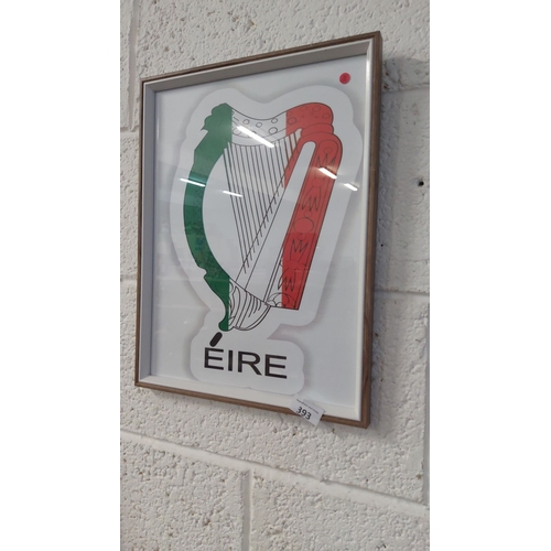 393 - Framed contemporary print of an Irish harp in tricolor design, marked 