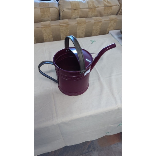 4 - Vintage metal watering can with a rich burgundy finish and contrasting metal handle. It features stu... 