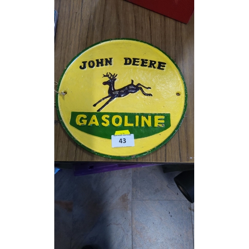 43 - Vintage John Deere Gasoline cast iron sign, hand-painted in classic yellow and green. Features iconi... 