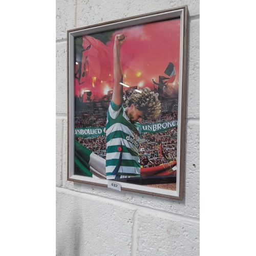 437 - Framed sports print depicts a passionate football scene with Celtic-themed colors and a vibrant comp... 