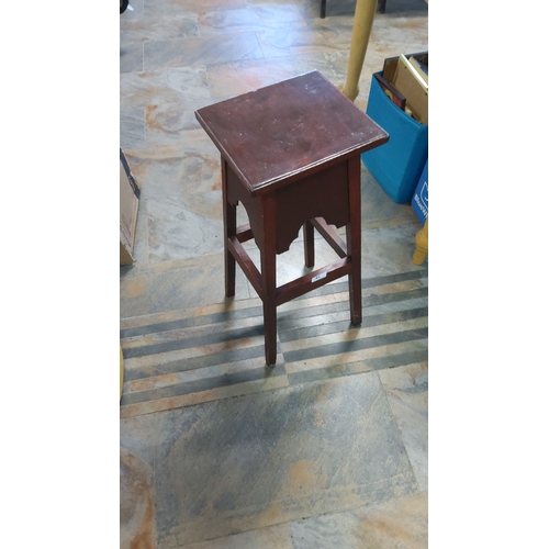 45 - Vintage wooden side table with a square top and decorative apron. Sturdy construction.