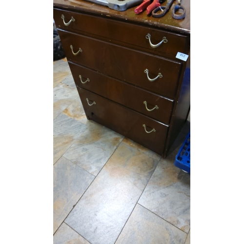 452 - Vintage wooden four-drawer chest with brass handles and a rich brown finish.