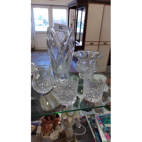 51 - Cut crystal & glass collection includes a large vase,jug & 2 Waterford Crystal Whiskey Glasses