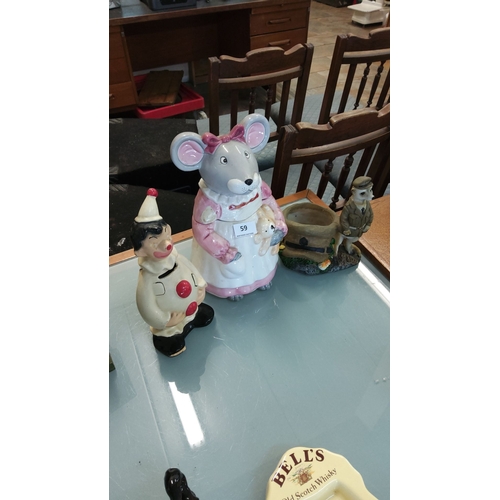 59 - Mixed lot of ceramic collectibles, including a large mouse cookie jar, a vintage clown money box, an... 