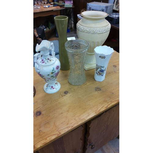 71 - Assorted decorative vases and urns, including hand-painted porcelain, cut glass, ceramic, and a tall... 