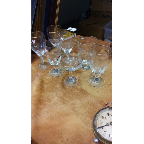 84 - Vintage glassware lot including five Irish Coffee stemmed glasses with gold rim detailing, a Jameson... 