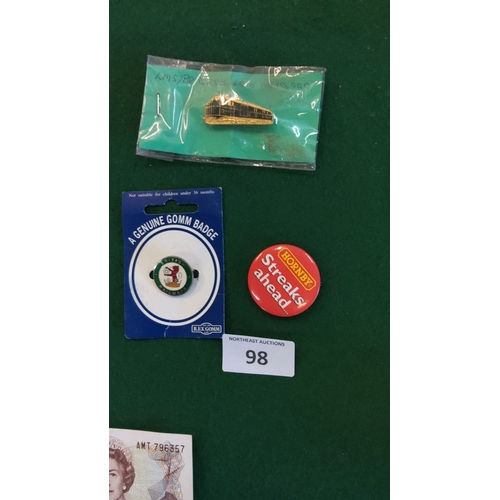 98 - Vintage railway-themed badge lot, including a British Railways enamel badge, a Hornby 