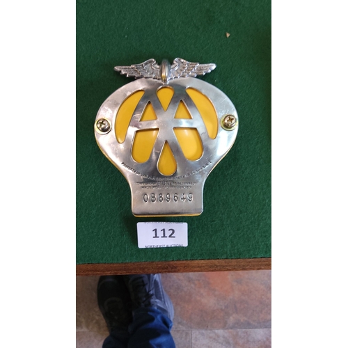 112 - Vintage AA Automobile Association car badge, chrome and yellow enamel, featuring winged emblem. Mark... 