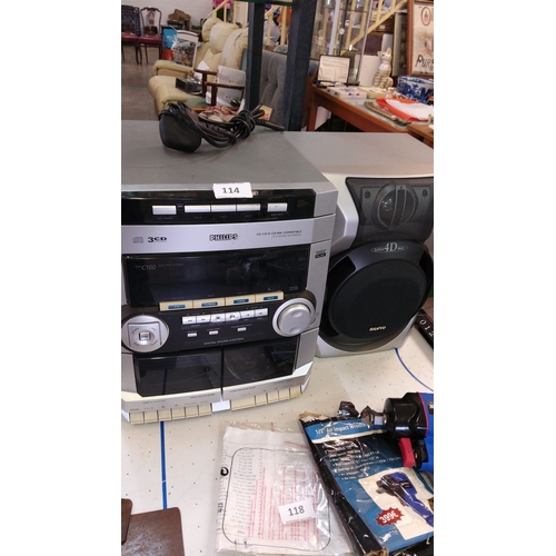 114 - Philips FW-C100 Mini Hi-Fi System with 3-CD changer, tape deck, and tuner. Includes Sanyo Super 4D B... 