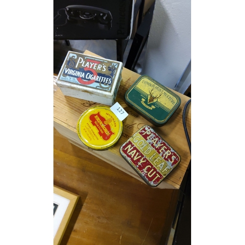 127 - Collection of vintage tobacco and cigarette tins, including Player’s Virginia Cigarettes, Gold Leaf ... 