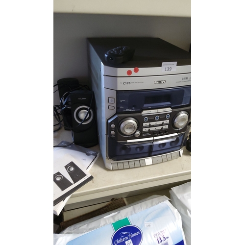 139 - Philips FW-C170 mini Hi-Fi system, in perfect working order, features a 3-CD changer, dual cassette ... 