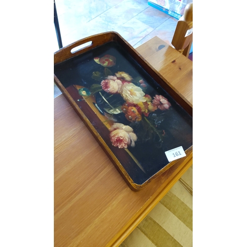 161 - Vintage wooden serving tray with hand-painted floral still life, featuring scrolled handles.