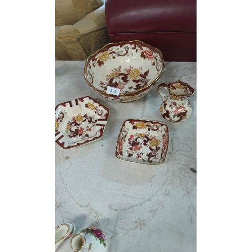 172 - Mason’s Ironstone “Brown Velvet” pottery set, printed and hand-painted, featuring floral gilt accent... 