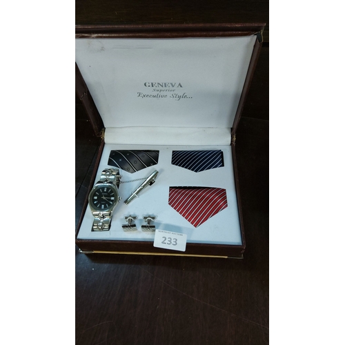 233 - Geneva Superior Executive Style accessory set includes a wristwatch, cufflinks, tie clip, and three ... 