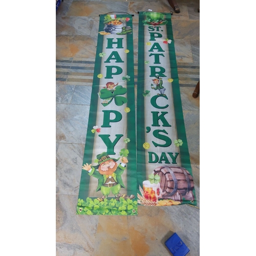 237 - Festive St. Patrick’s Day fabric banners feature leprechauns, shamrocks, and gold coins with a vibra... 