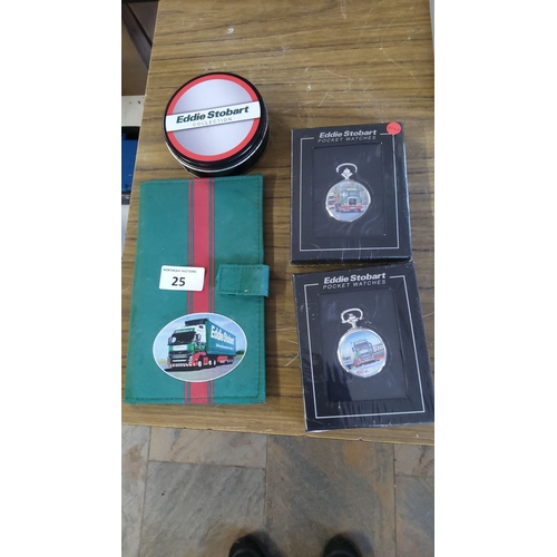 25 - Eddie Stobart collectible lot, including two boxed pocket watches, a branded wallet, and coasters